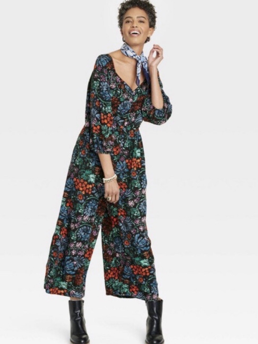 Floral Wide-Leg Jumpsuit in Black Multi